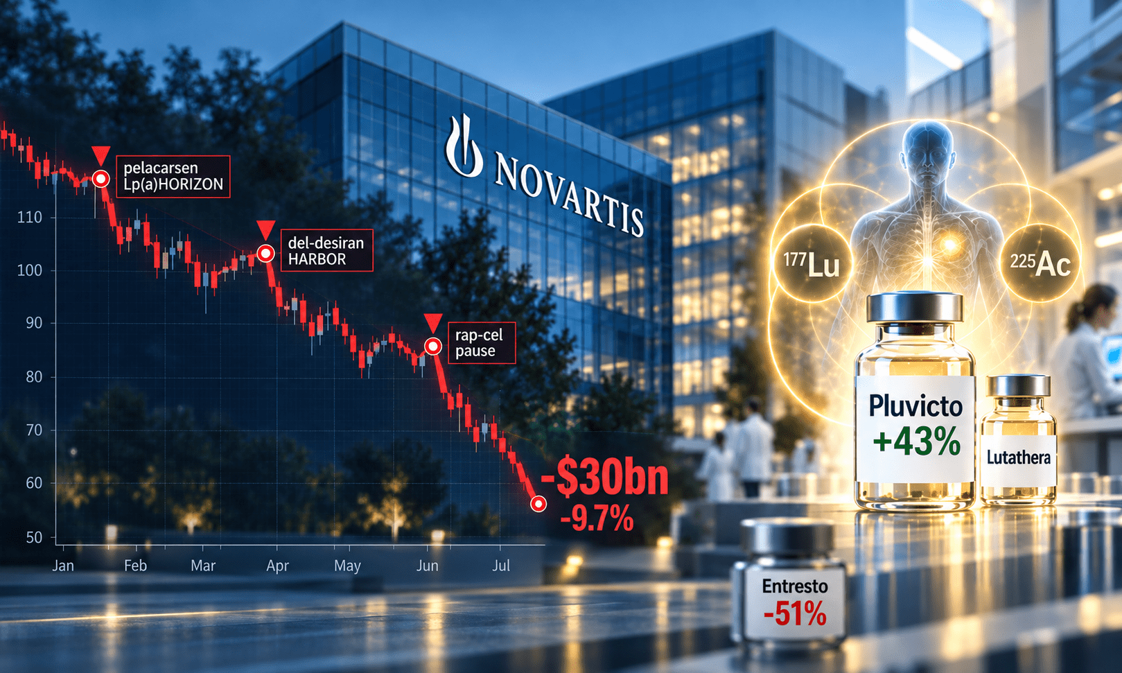 Τρία χτυπήματα σε μία εβδομάδα: Πώς η Novartis έχασε 30 δισ. δολάρια και γιατί η προσοχή στρέφεται πλέον στα ραδιοφάρμακα Novartis αποτυχίες κλινικών μελετών